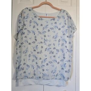 Neineiwu Blue Floral Layered Blouse Short Sleeve Mint Green Size L